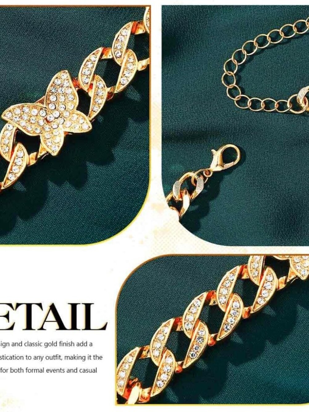 Cuban Rhinestone Choker Necklace Set Gold Butterfly Necklaces and Bracelet Jewel - Picture 4 of 6